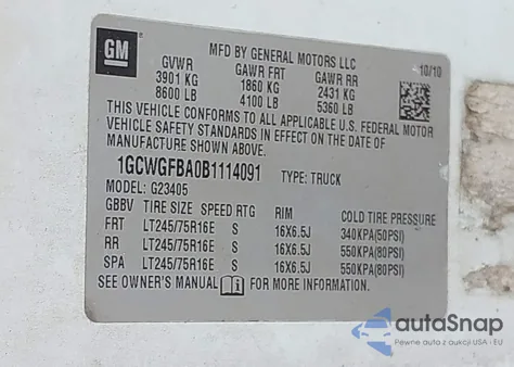 2011 Chevrolet Express 2500 Work Van z USA, uszkodzony, nr VIN 1GCWGFBA0B1114091